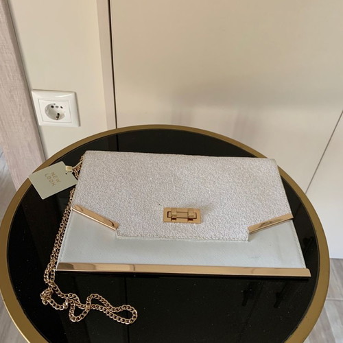 White glitter envelope bag new with gold metallic details
