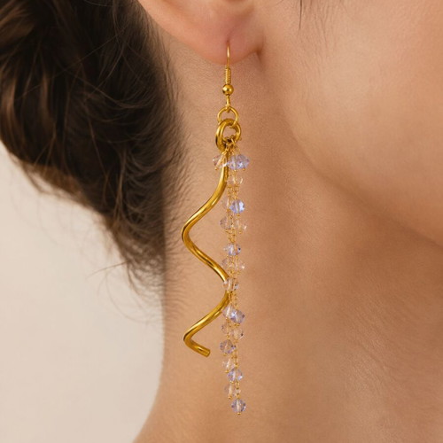 Handmade Golden Wave & Crystals Earrings new, multicolor