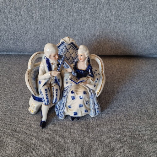 Vintage porcelain Rococo couple figurine blue and gold details
