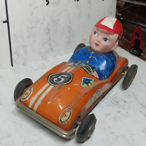 Collectible tin wind-up racing car from the 70s used