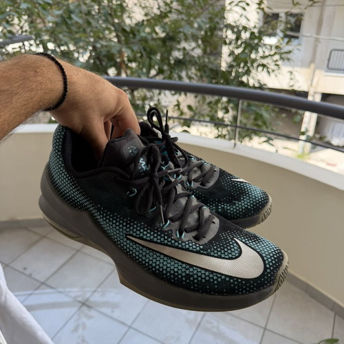 Nike athletic shoes, black and blue, size 44.5