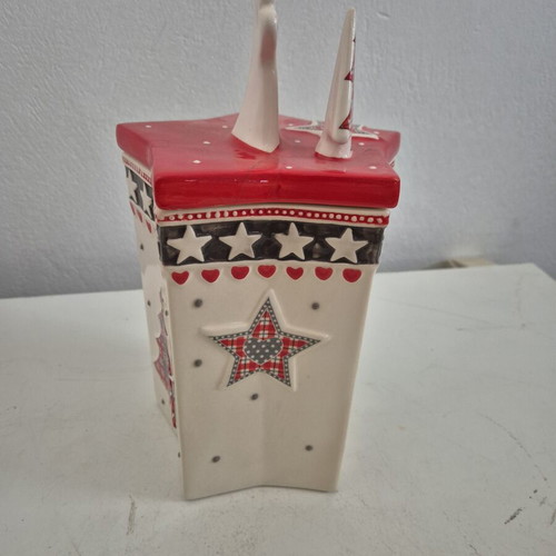 Christmas ceramic container with lid decorated with Santa Claus and trees