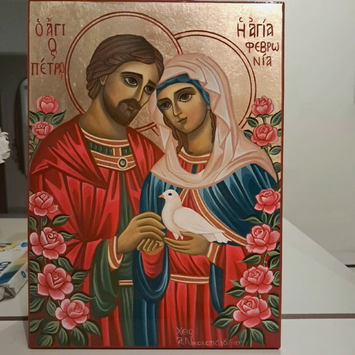 Handmade Byzantine Icon of Saints Peter and Febronia with Flowers