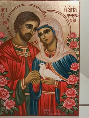 Handmade Byzantine Icon of Saints Peter and Febronia with Flowers