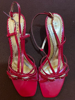 Red patent leather sandals used with gold details, size 40