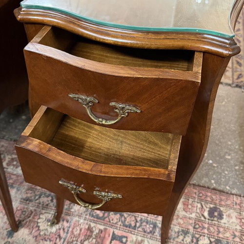 Marquetry bedside tables like new, 35x40 cm, height 66 cm with glass