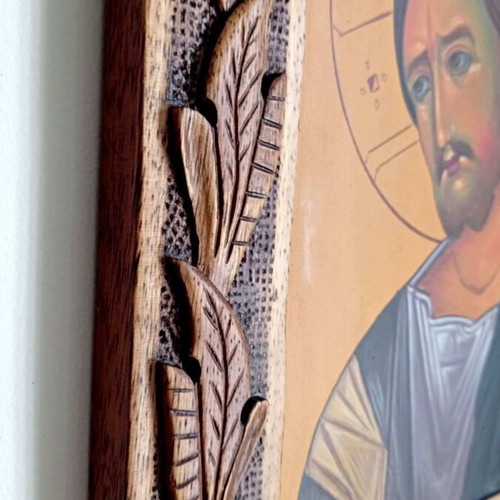 Byzantine icon of Christ hand-painted on wood with carved frame new 40×28.5 cm