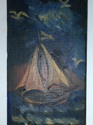 Painting Varkaki acrylic on wood signed N. K., size 9x16.5