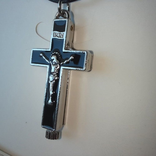 Metal opening cross new with black enamel and adjustable cord