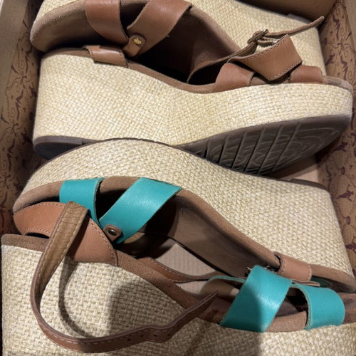 Clarks leather platform sandals used, size 39, brown and turquoise