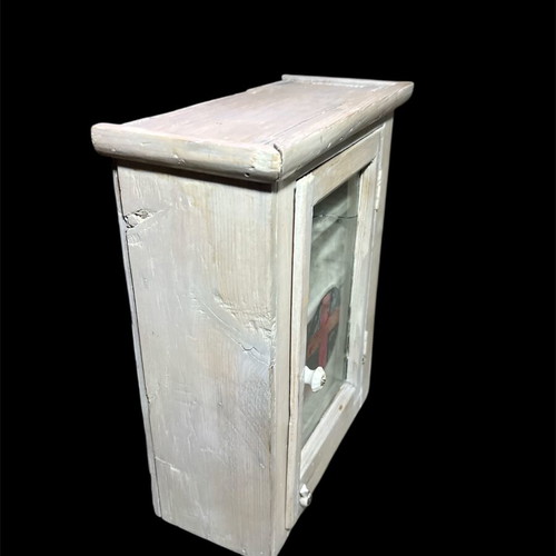 Wooden wall pharmacy cabinet vintage used with broken glass