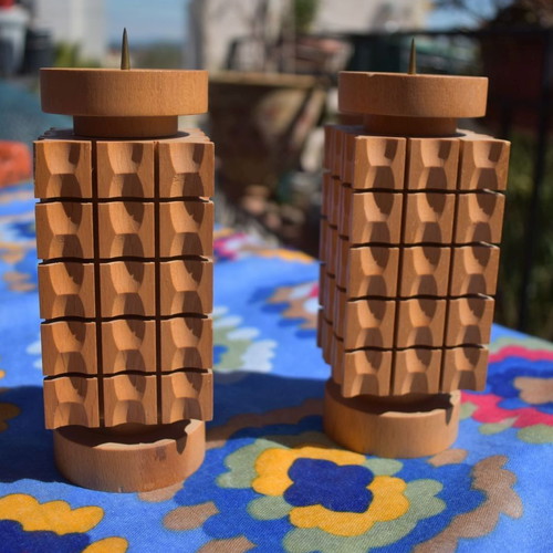 Expertic Olbernhau Wooden Candlesticks New, Vintage GDR 70s Mid-Century Design