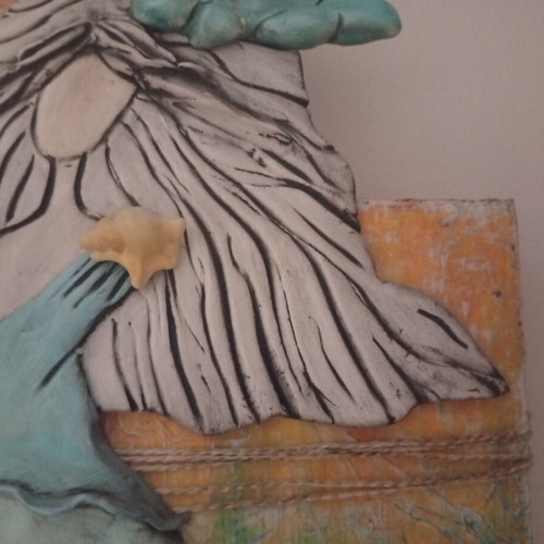 Mixed Media Ceramic 3D Figure on Wood, like new