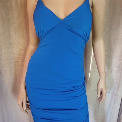 Fitted dress one size with strass crisscross back cord, new, blue