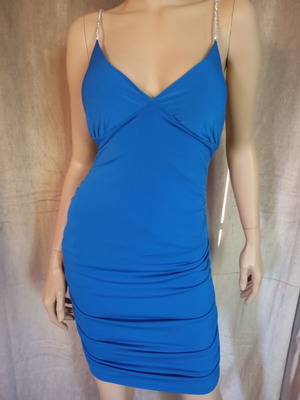 Fitted dress one size with strass crisscross back cord, new, blue