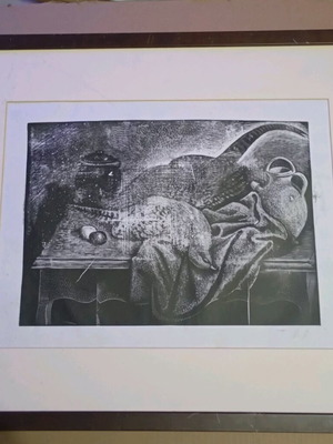 Woodcut D. Galanis used, hunting theme, signed artwork