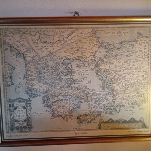 Engraving map of Greece used, wooden frame with glass 28x37
