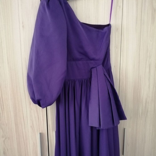 Actualee long purple evening dress XS with one shoulder and puff sleeve