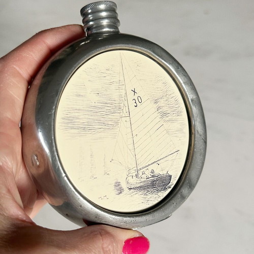 IBW Sheffield pewter flask used with nautical scene 1970s