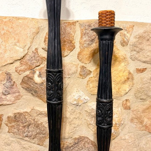 Set of 2 wooden floor candlesticks used, vintage neoclassic style