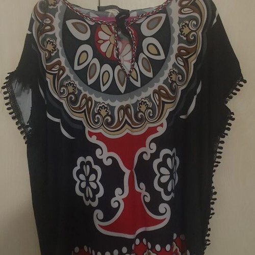 Benissimo Boho Tunic with Bold Patterns and Pom Poms like new