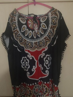 Benissimo Boho Tunic with Bold Patterns and Pom Poms like new