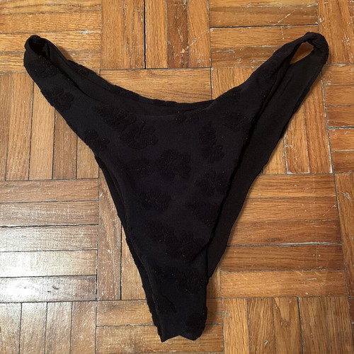 Black Brazilian bikini bottom with embossed velvet flowers, M