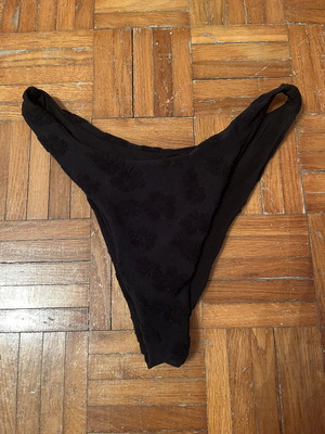 Black Brazilian bikini bottom with embossed velvet flowers, M