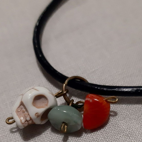 Skill unisex bracelet genuine black leather with copper and charms, handmade