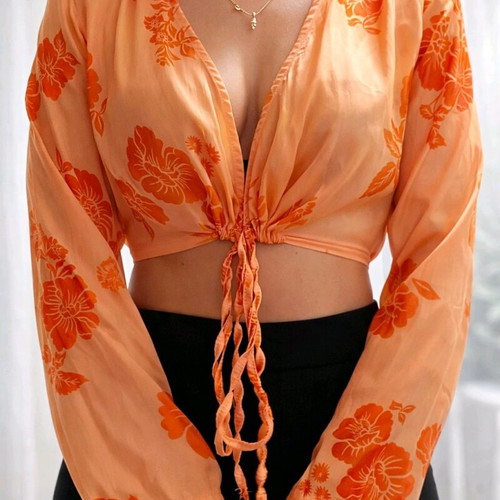 Floral Orange Crop Top with Front Tie Size S New with Tags