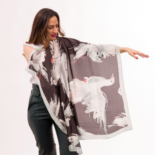 Pigeon Scarf new, silk satin, 90x90 cm