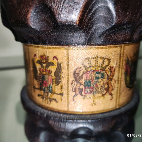 Wooden mortar used with pestle and 9 flags collectible