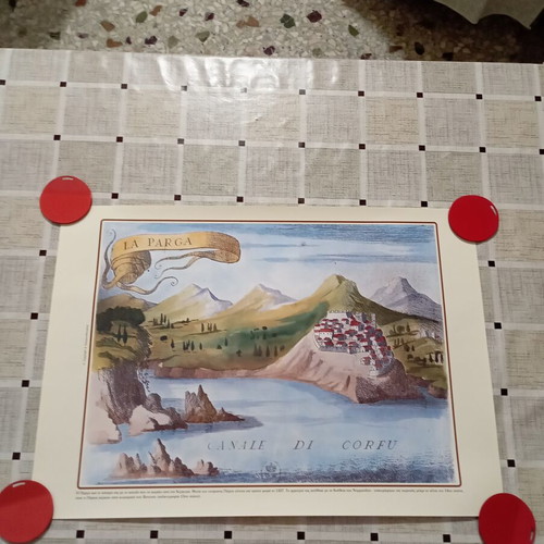 Decorative engraving of Parga and its castle with Corfu canal, new