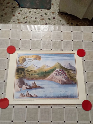 Decorative engraving of Parga and its castle with Corfu canal, new