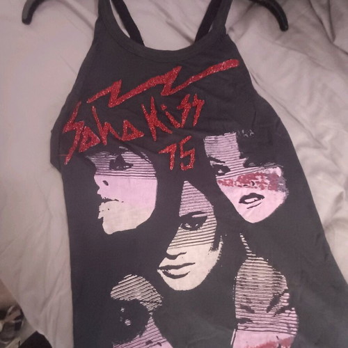 Religion T Shirt gray with straps, beads and glitter like new