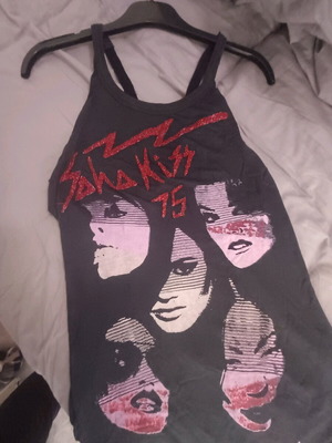 Religion T Shirt gray with straps, beads and glitter like new