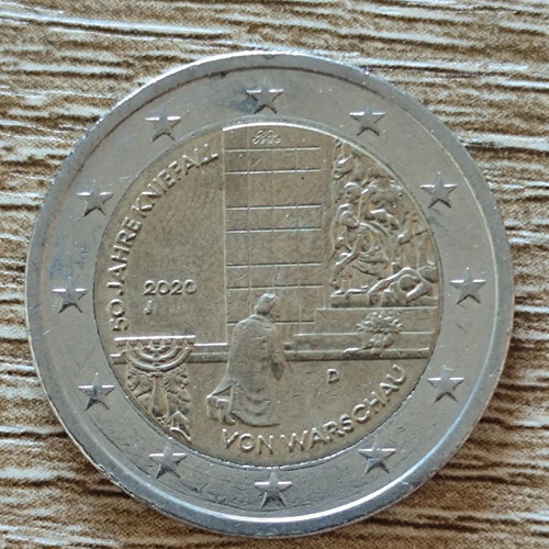 2 Euro Germany 2020 commemorative coin used, Kneeling Before the Warsaw Ghetto Uprising Memorial