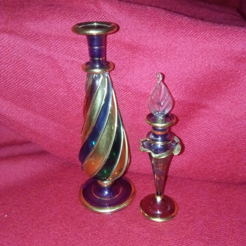 Egyptian handmade perfume bottles set of 2, like new, blown glass with gold details