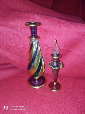 Egyptian handmade perfume bottles set of 2, like new, blown glass with gold details