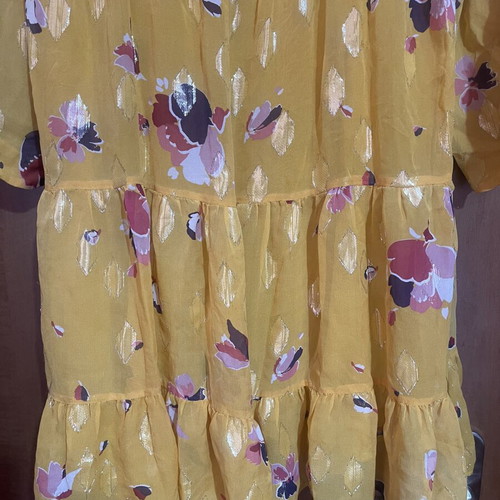 Sézane Aure silk dress used, yellow with gold floral details