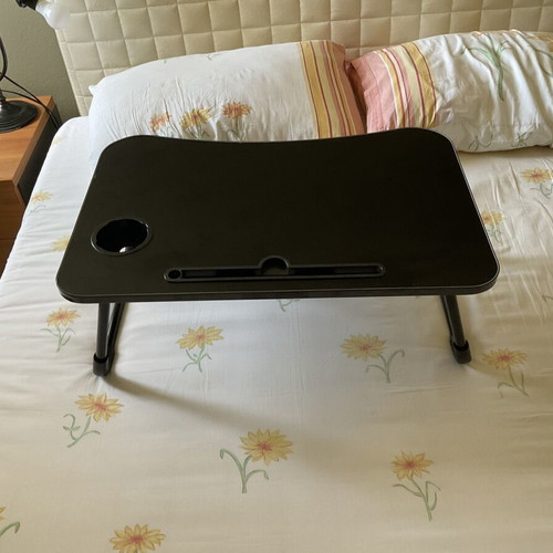 Breakfast bed tray table with cup holder and tablet slot, black