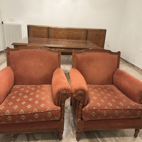 Classic armchairs set of 2 used, wooden frame, terracotta upholstery