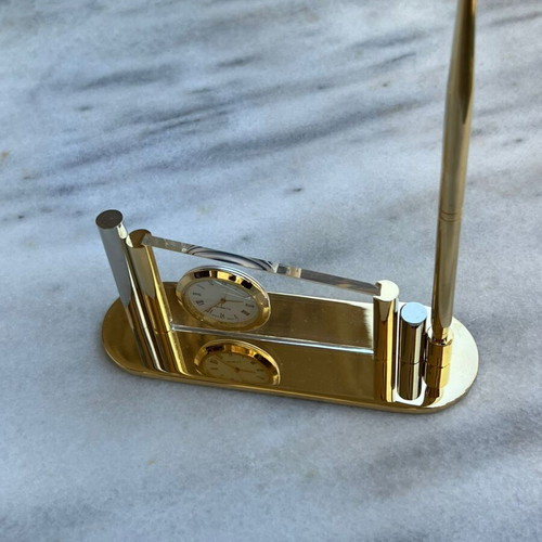 Vintage Executive Desk Clock Set with Pen Holder, Quartz, Gold Design