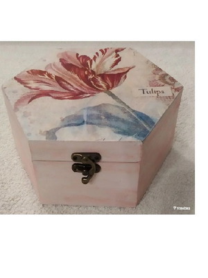 Wooden hexagonal storage box with Tulip image new