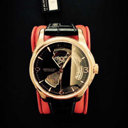 Hamilton Jazzmaster Open Heart Automatic watch new, rose gold and black leather strap