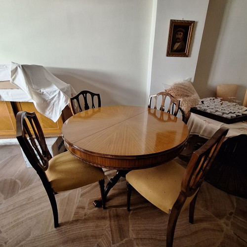 Dining set round walnut handmade 1960 with 8 chairs and mirror used