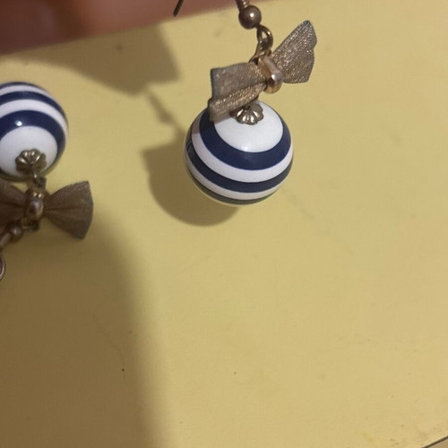Navy striped earrings used, white and blue with decorative iron ribbon