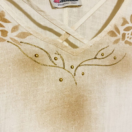 Mariluna Linen Long Dress New, White with Gold-Brown Details