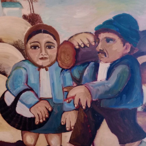 Watercolor on canvas with frame like new, folk art theme 83x63