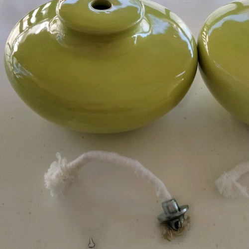 Pair of Handmade Ceramic Oil Lamps, Lime Green